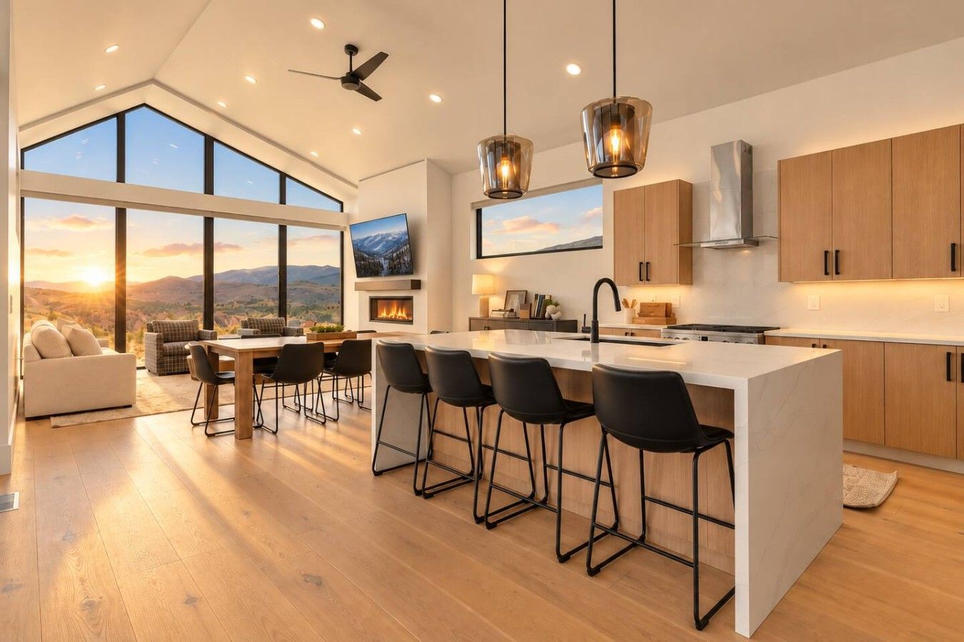 A modern kitchen with a large island, bar stools, and a view of the mountains.