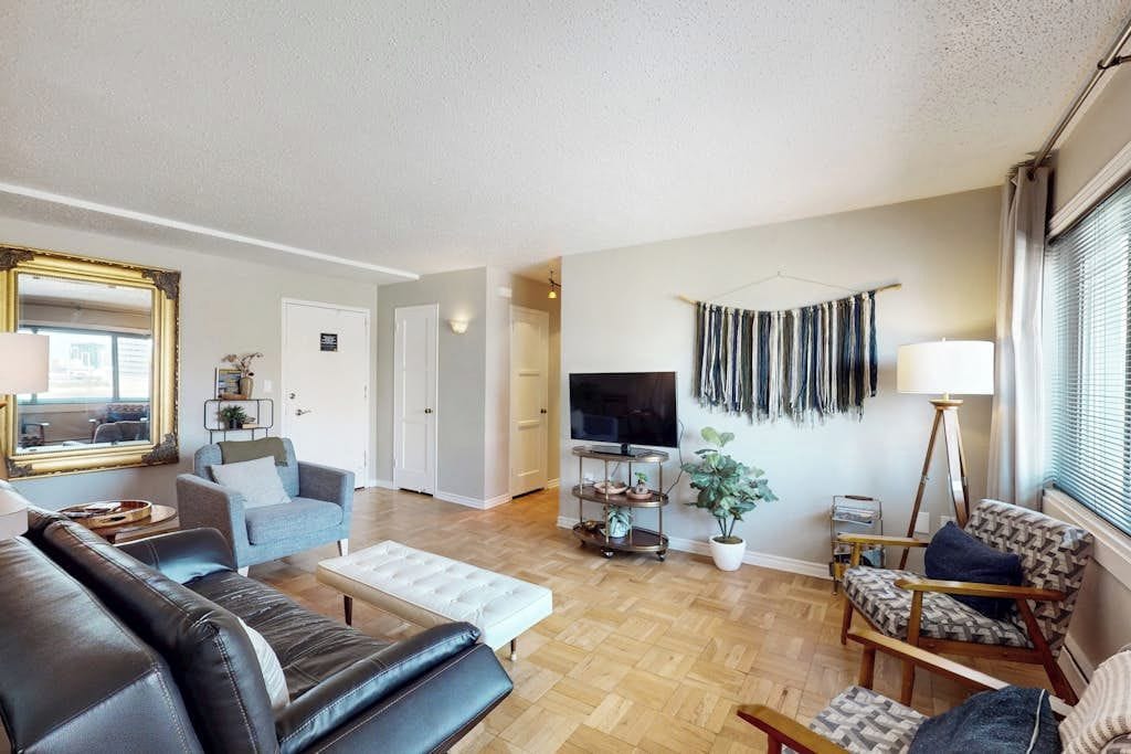 A living room with a sofa, armchair, TV, and a plant.