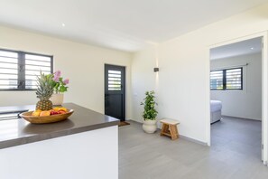 A modern kitchen with a fruit bowl, a potted plant, and a black door. - "Viva La Vida" | Luxury Penthouse at Mambo Beach (Willemstad)