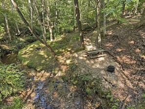 A forested area with a small stream, a wooden bench, and a picnic table. - Bear Essentials & Hot Tub (Blairsville)