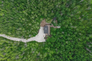 Vista aérea de una propiedad con un edificio central rodeado de un bosque denso.