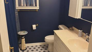 Et badeværelse med toilet, vask og spejl.