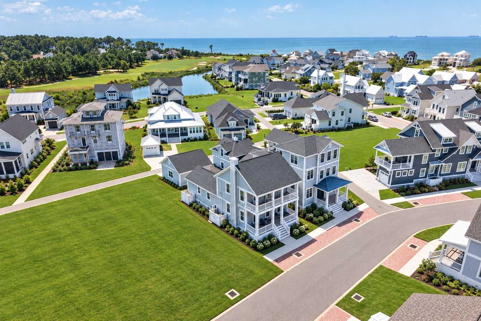 A residential area with houses, a golf course, and a body of water.