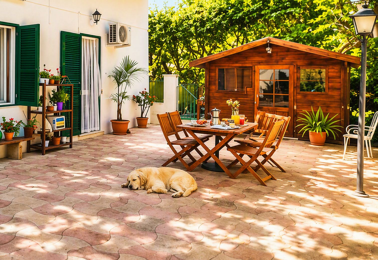 A patio with a table and chairs, a sleeping dog, and a wooden cabin with a window.