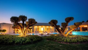 Una casa moderna con piscina, rodeada de céspedes cuidados y árboles.