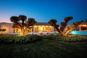 Une maison moderne dotée d’une piscine, entourée de pelouses et d’arbres bien entretenus.