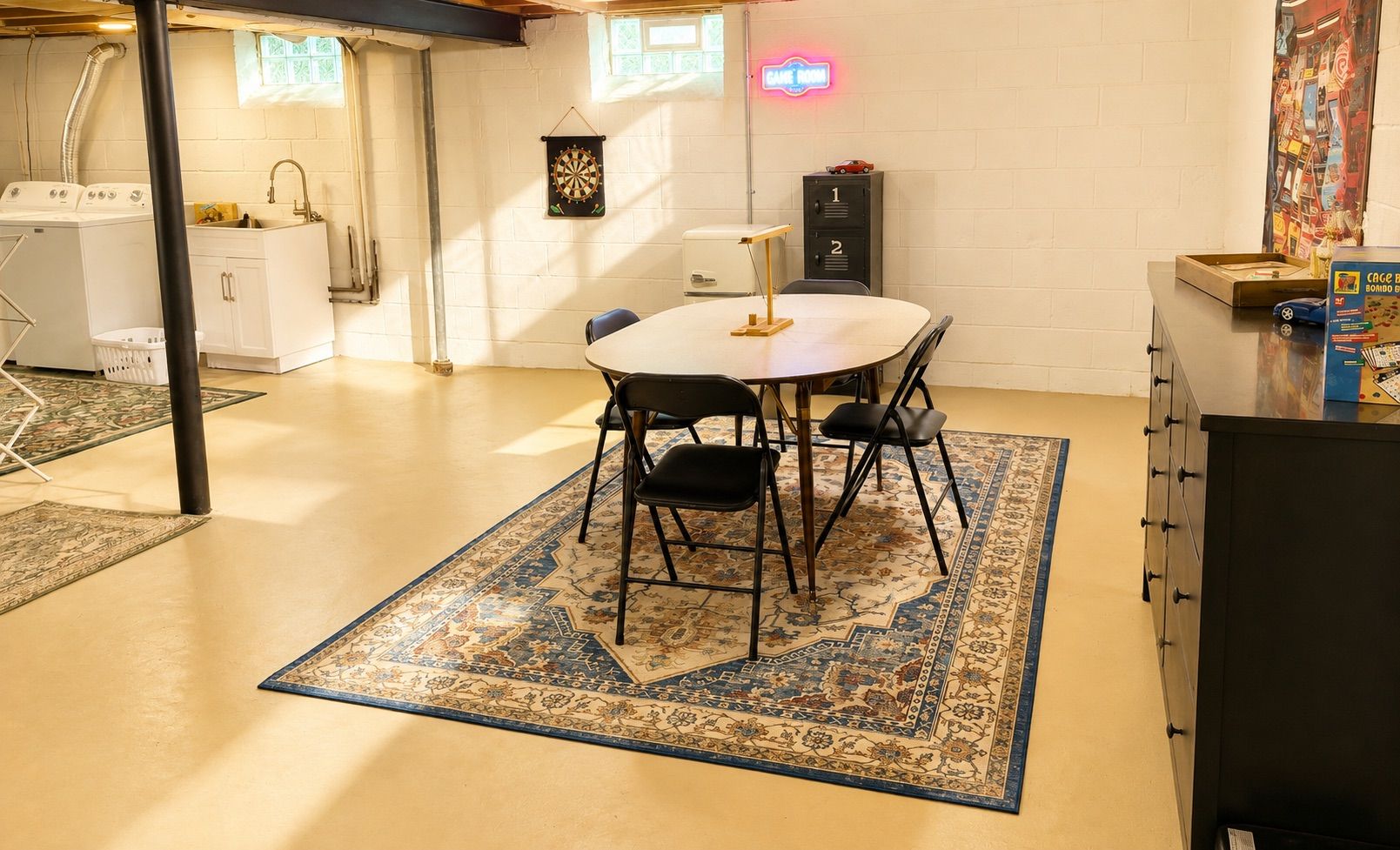 Una habitación con una mesa de comedor, sillas, un tapete estampado, una lavadora, un armario y un letrero de neón.