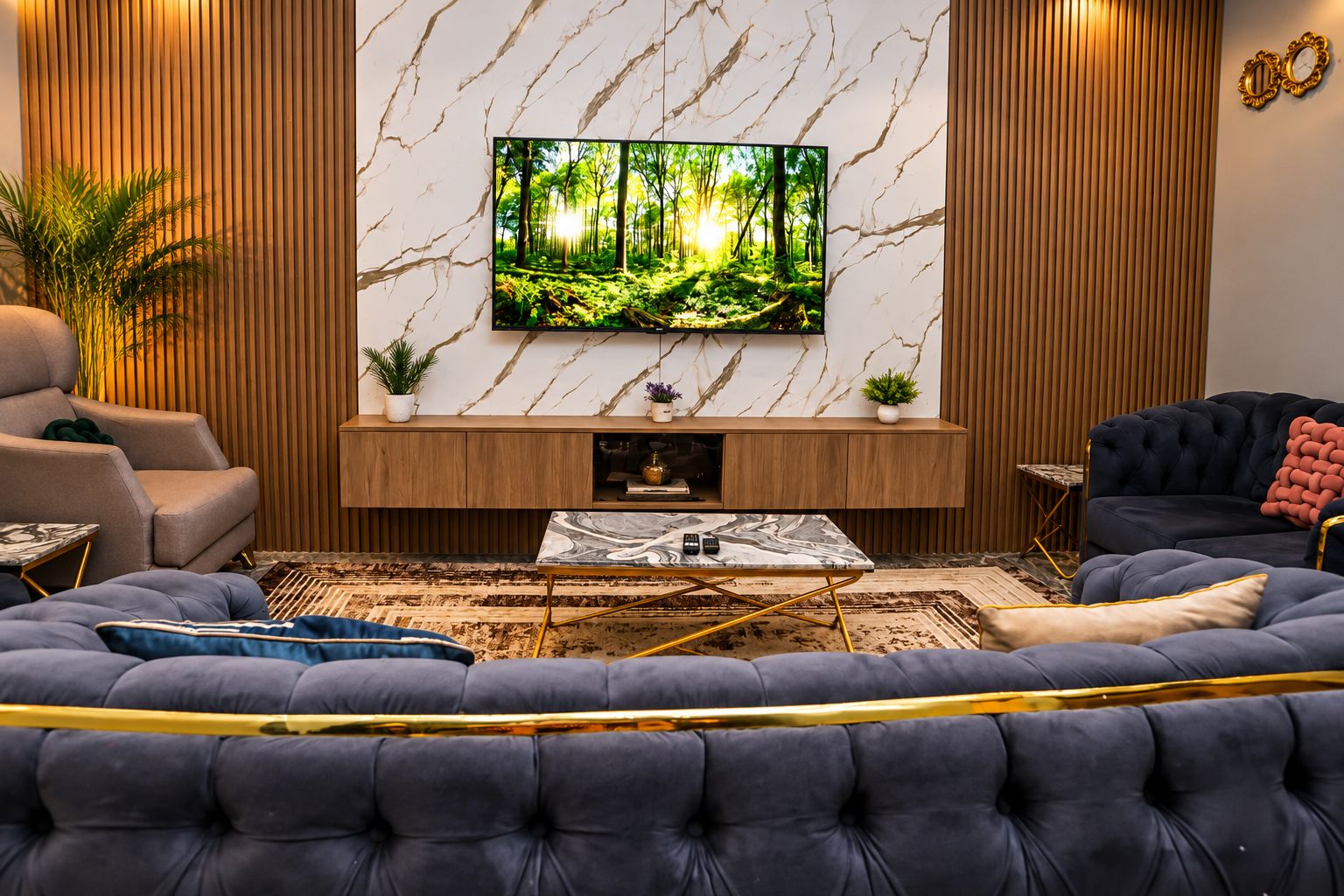 Ein modernes Wohnzimmer mit einem großen Flachbildfernseher, einem dunkelblauen Sofa, einem Marmor-Couchtisch und Holzvertäfelung an den Wänden.