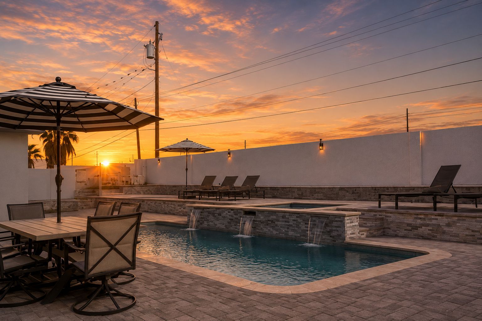 A pool area with lounge chairs, a table, and a waterfall feature.