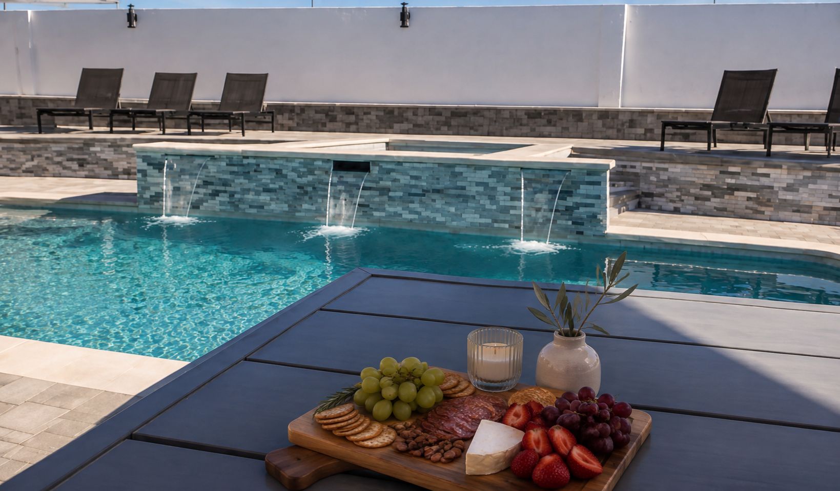 Ein Tisch am Pool mit einer Obst- und Käseplatte, einer Kerze und einer Vase mit Grünpflanzen.