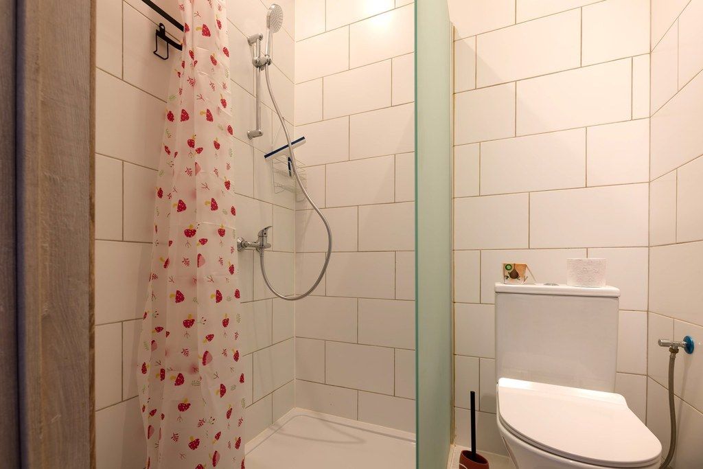 Une salle de bain avec douche, toilettes et une paroi de séparation en verre.