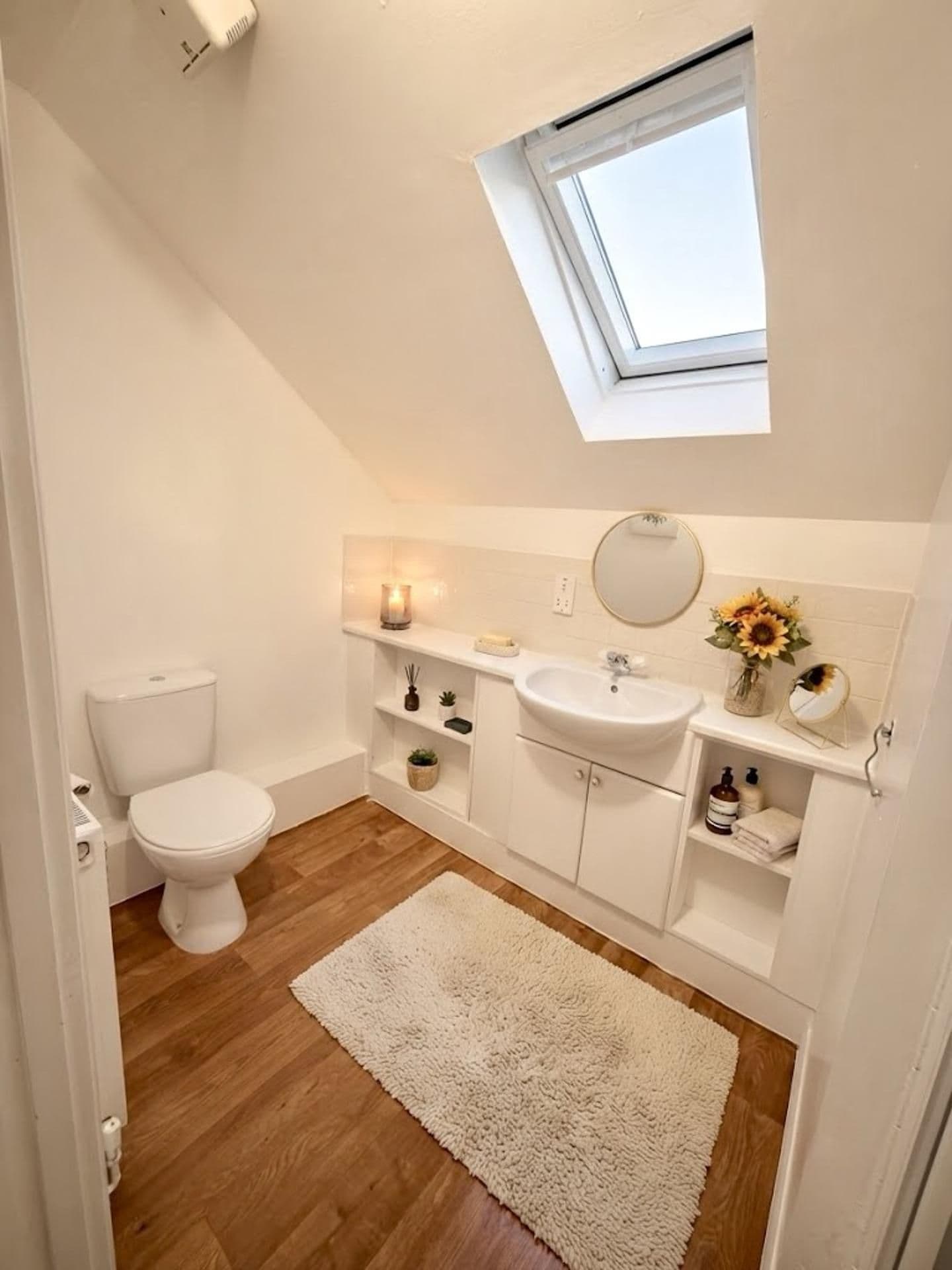 Une petite salle de bain avec un puits de lumière, des éléments d’aménagement blancs, un plancher en bois et un tapis moelleux.
