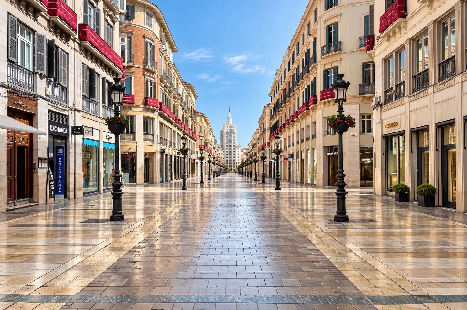 A wide, tiled pedestrian street lined with multi-story buildings, some with balconies and storefronts.