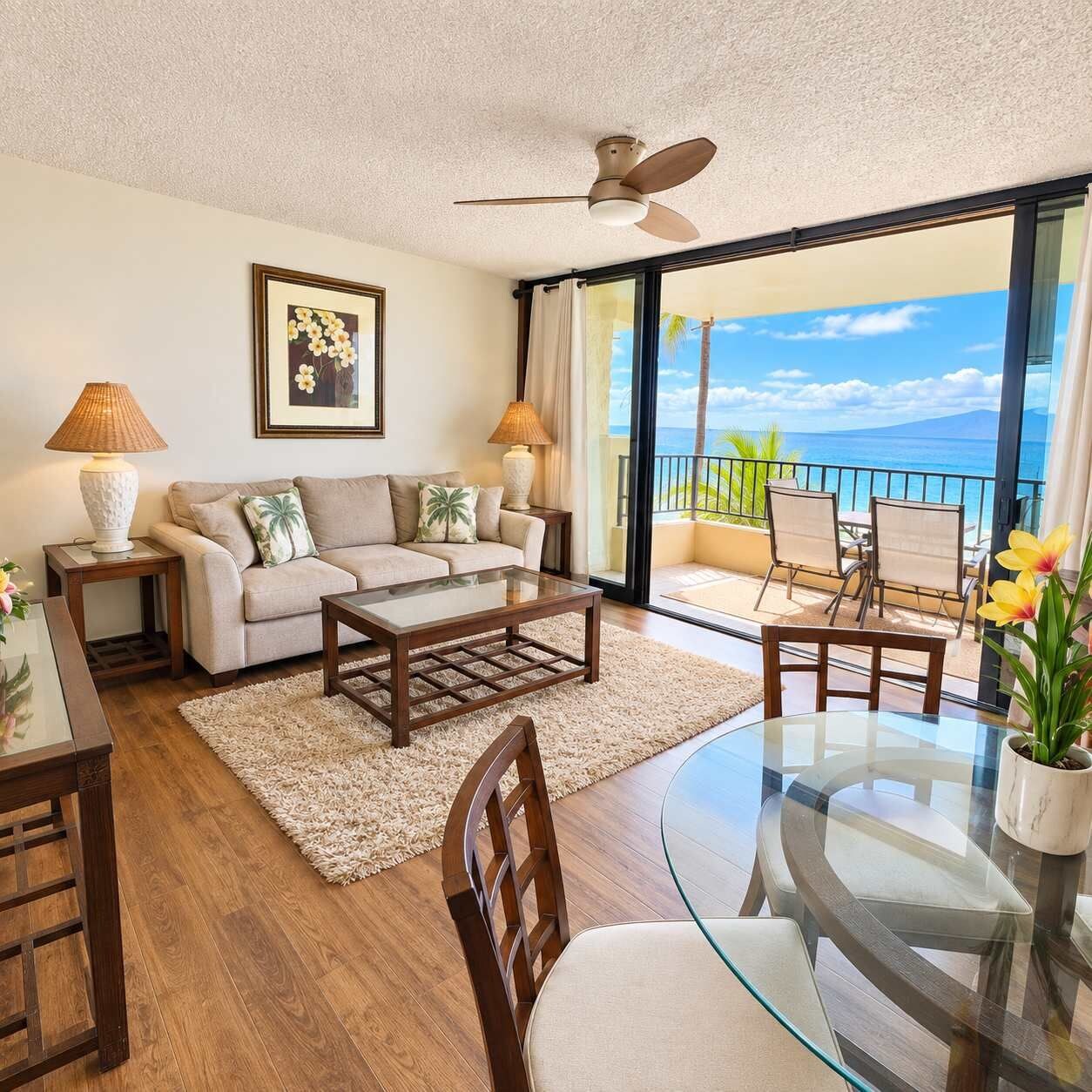 Un salon comprenant un canapé, une table basse et des fauteuils, un balcon avec vue sur l’océan et un ventilateur de plafond.