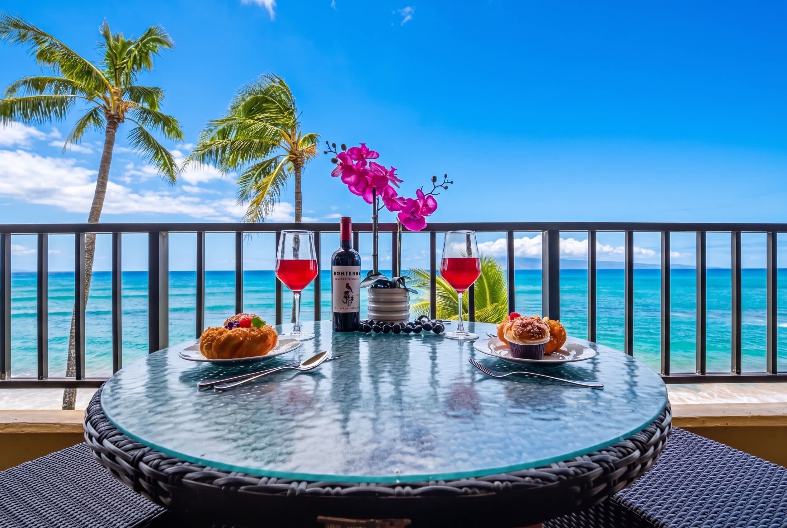 A round table with a glass of red wine, a bottle, and a dessert on a balcony overlooking the ocean.