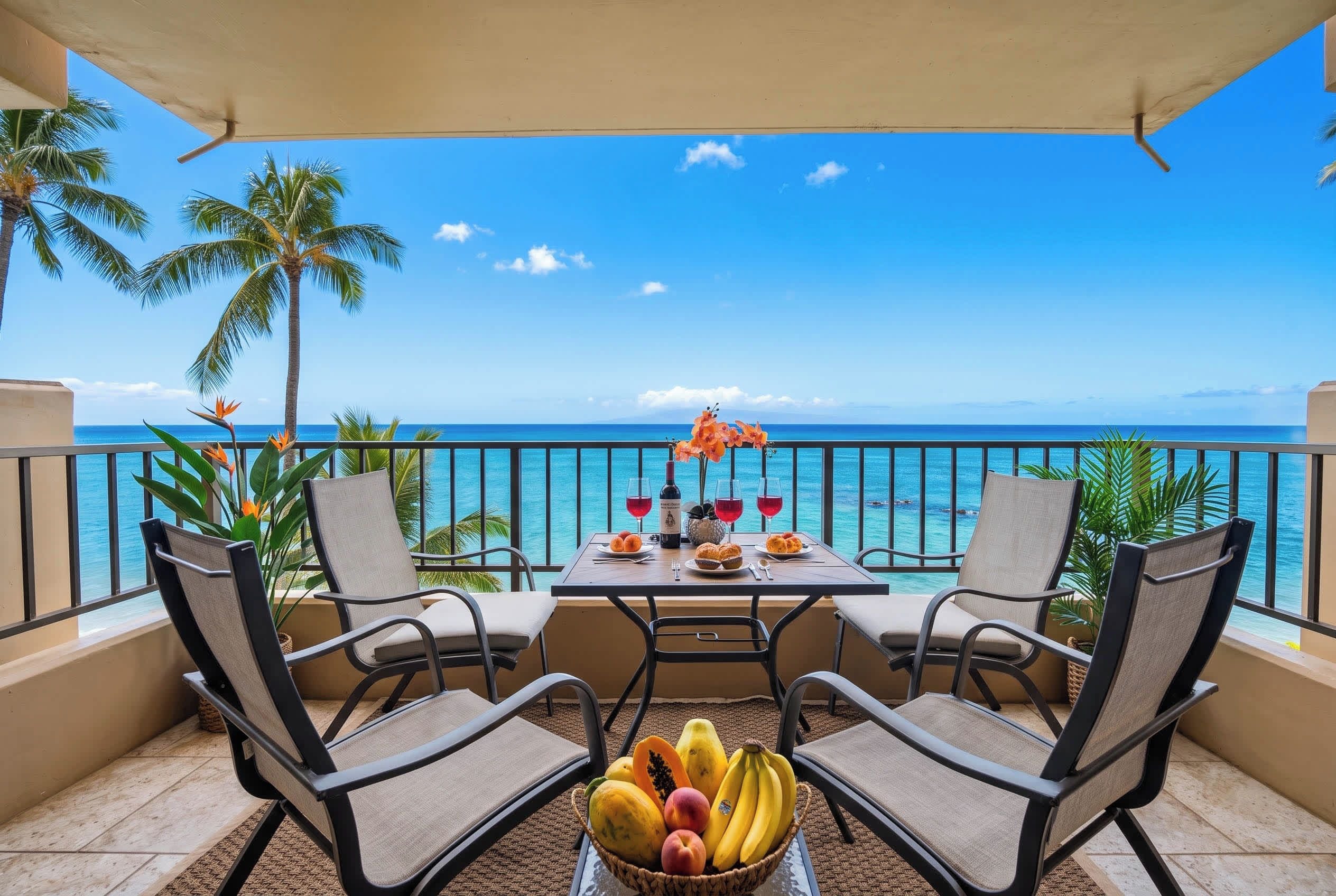 Un balcón con una mesa dispuesta para dos personas, con vistas a un mar azul y despejado con palmeras.