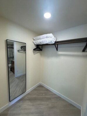 A corner room with a large mirror, a hanging storage unit, and a wooden floor.