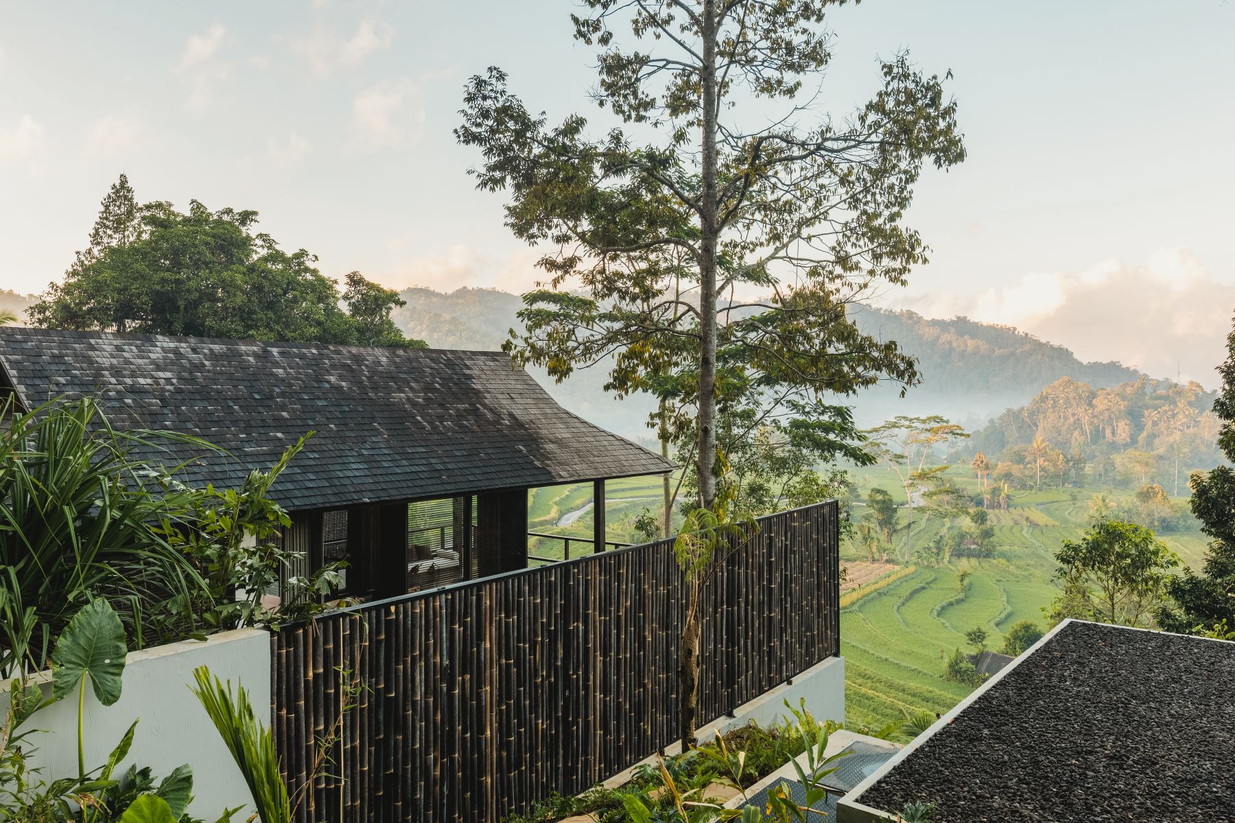 Un edificio moderno con techo inclinado, rodeado de abundante vegetación y vistas a campos en terrazas.
