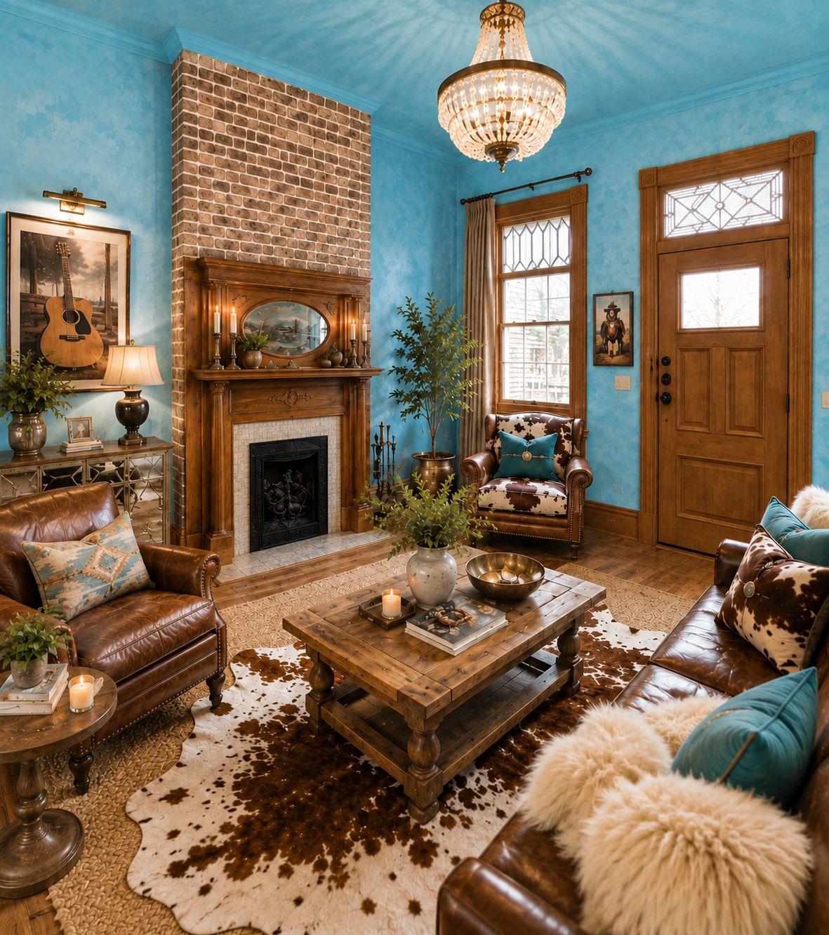 A cozy living room with a fireplace, leather furniture, and a cowhide rug.