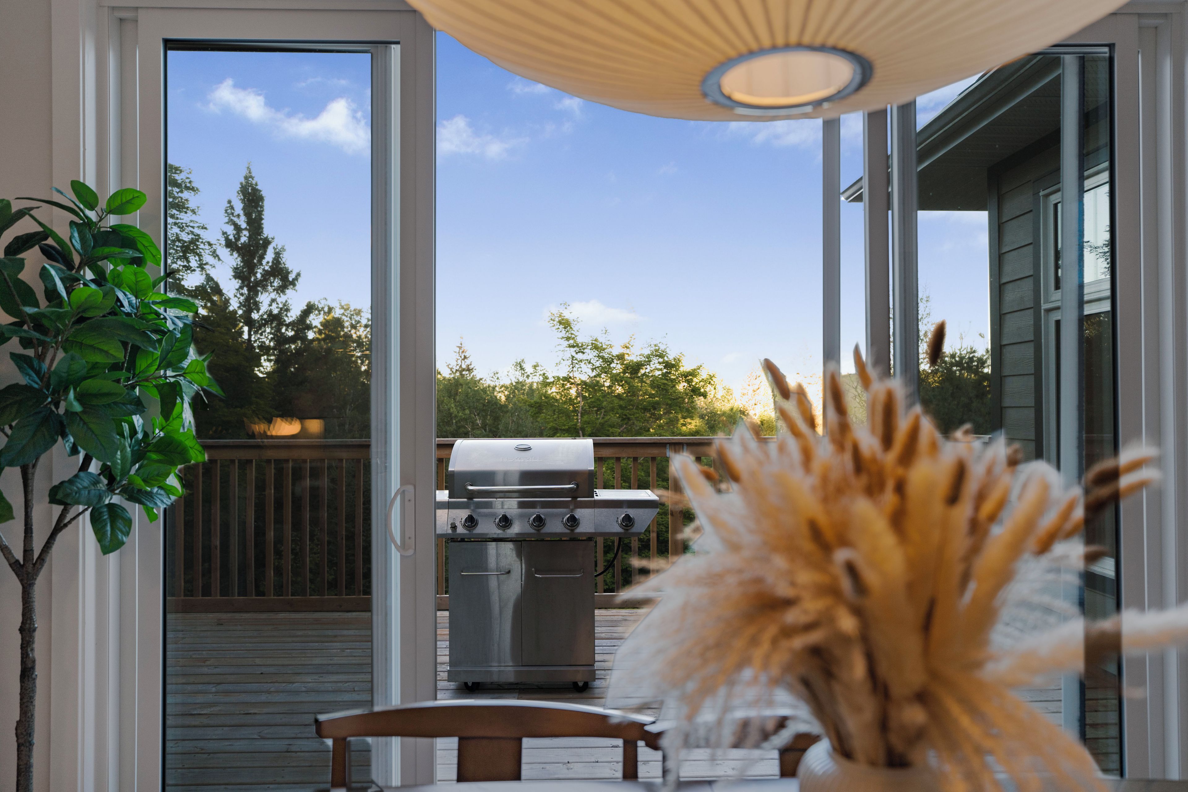 Un espace extérieur aménagé en terrasse, avec un barbecue, une plateforme en bois et une vue sur les arbres environnants.