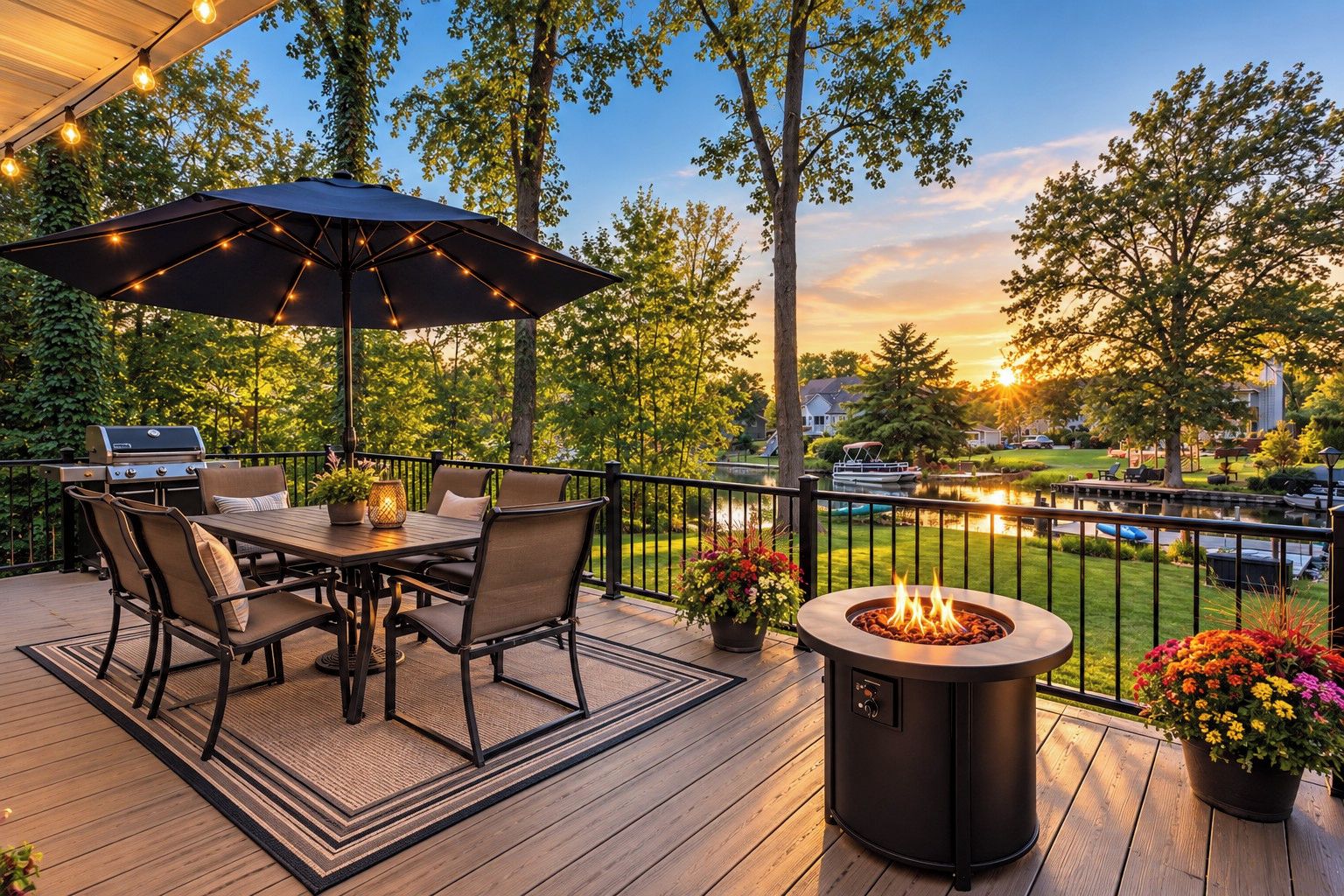 An outdoor deck with a grill, dining table, chairs, and a fire pit.