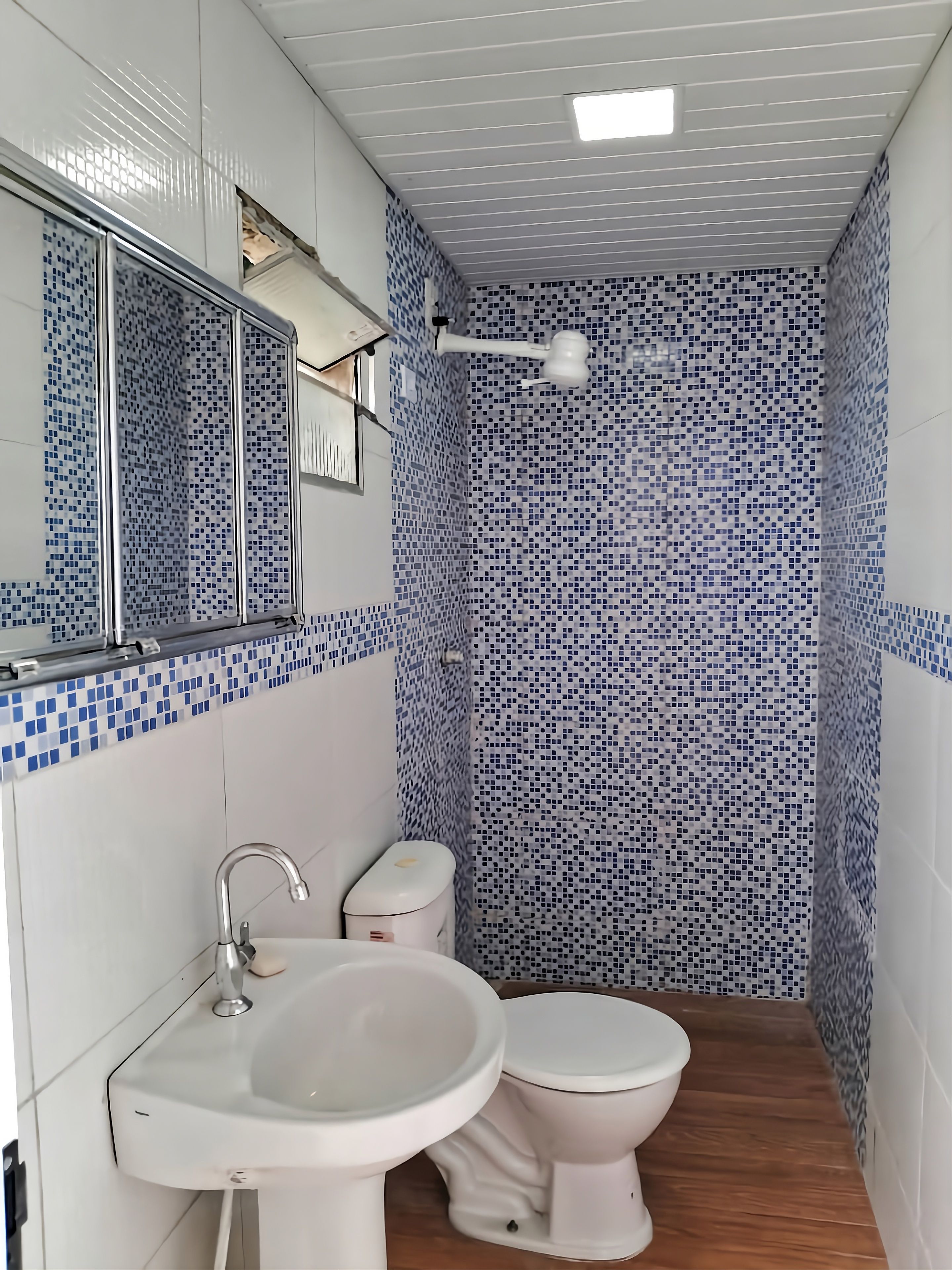 Shower, towels, soap, toilet paper