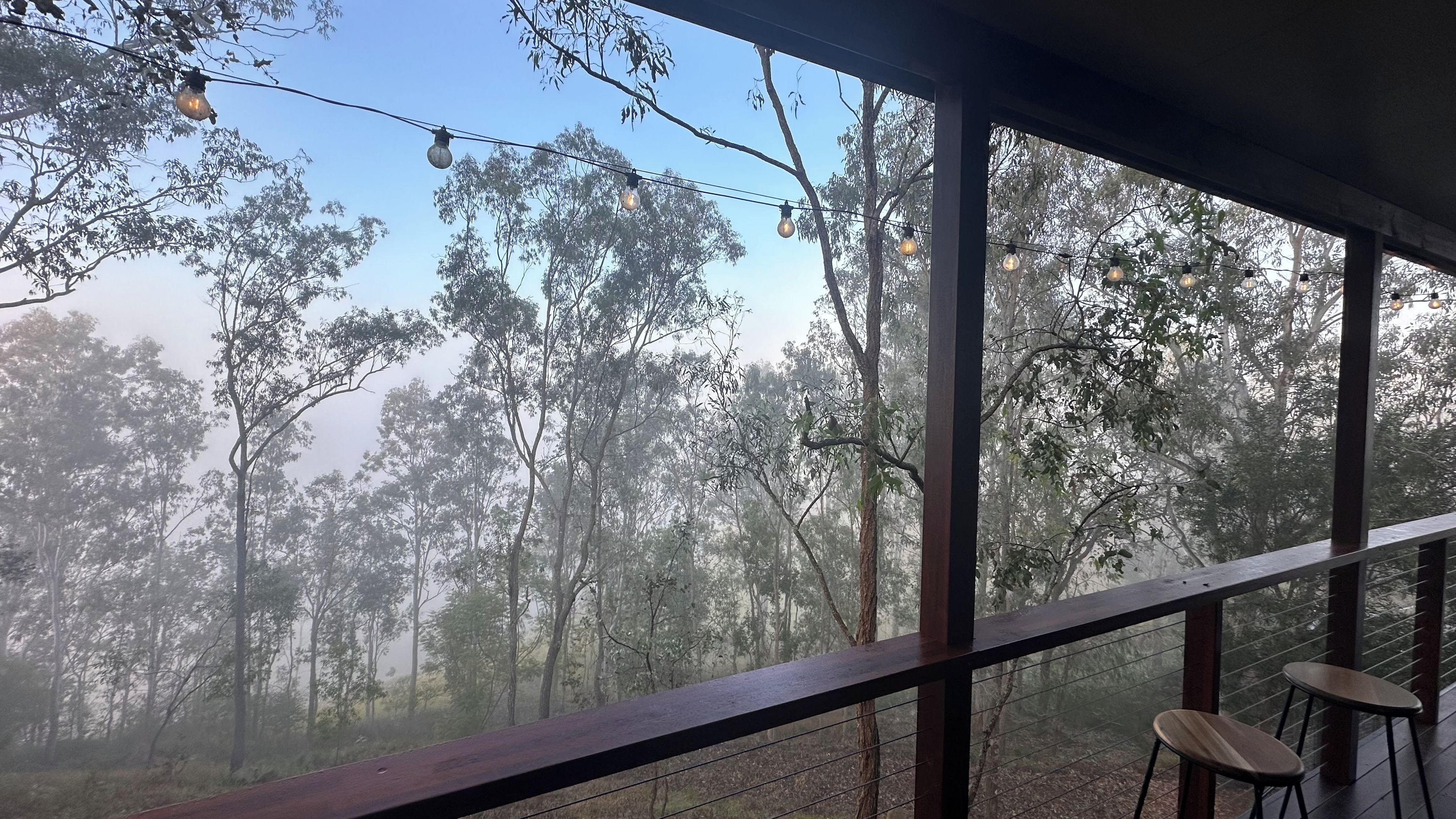 A view from a covered outdoor area with a wooden railing, overlooking a forested landscape.