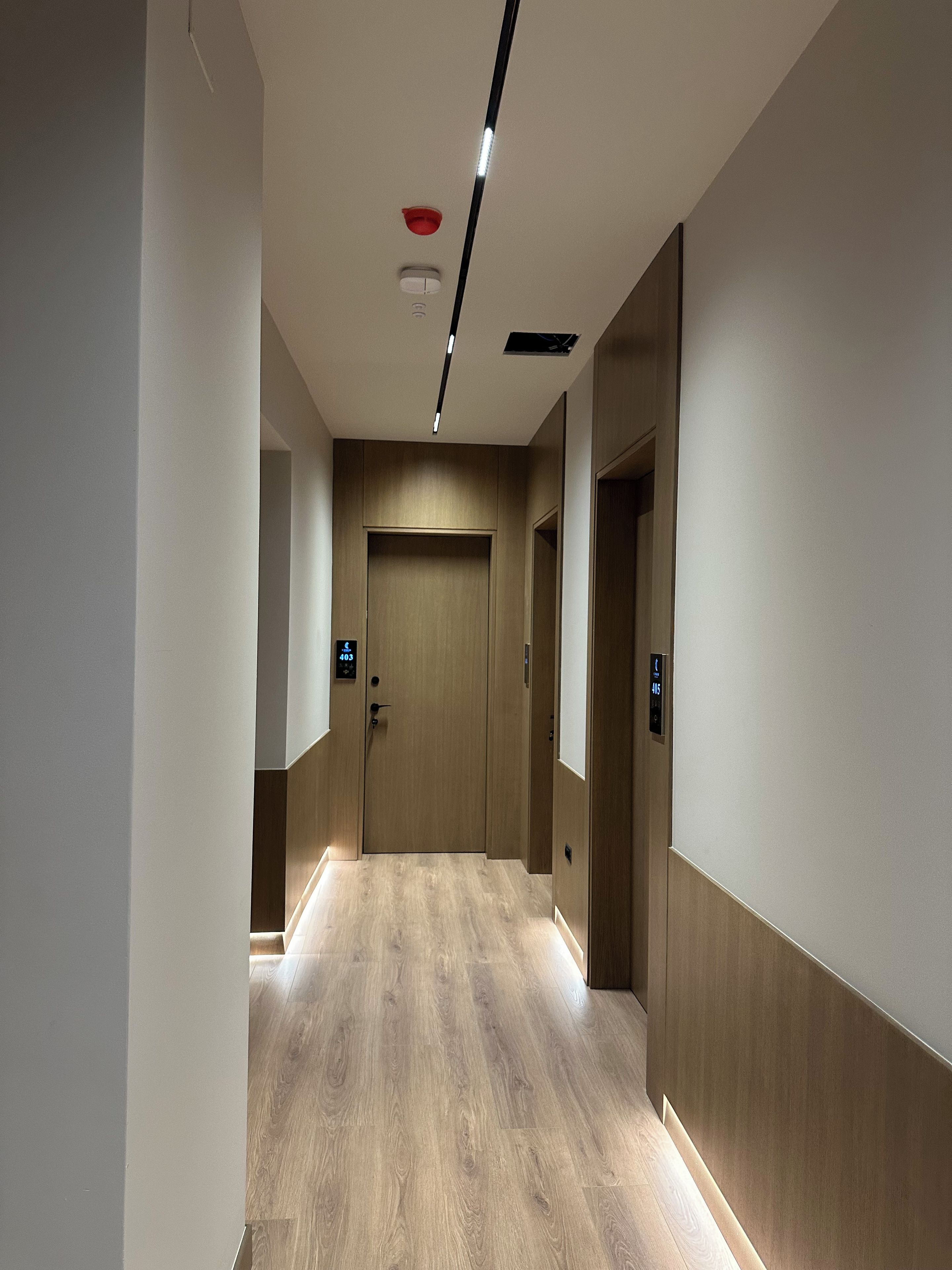 Un pasillo moderno con suelo de madera, una puerta al final y un techo con iluminación empotrada.