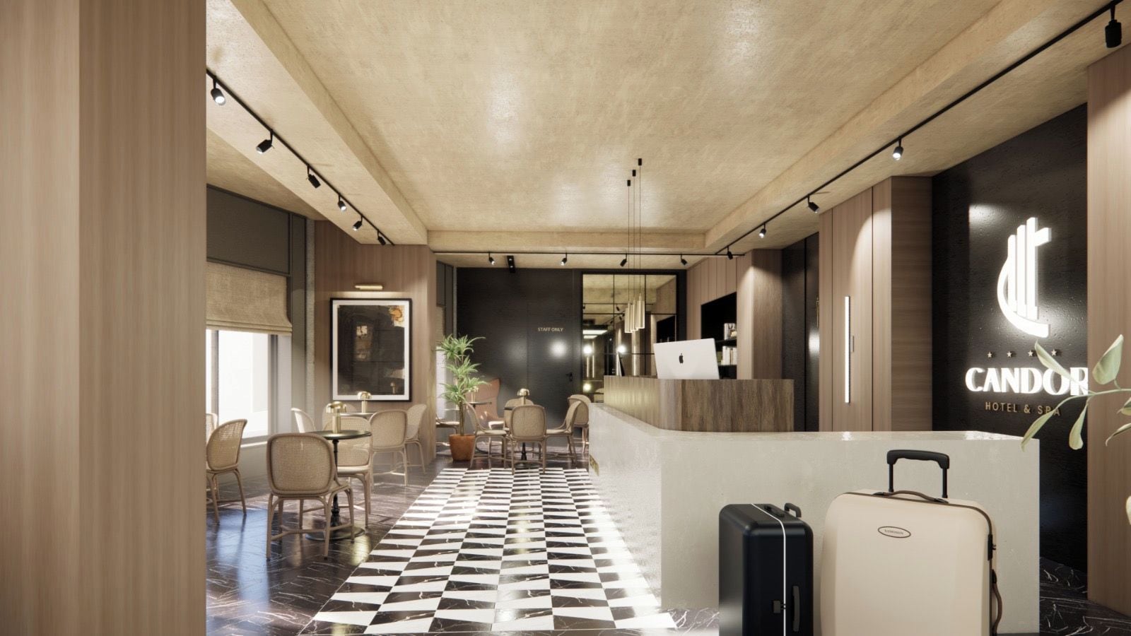 A hotel lobby with a checkered floor, a reception desk, and seating areas.