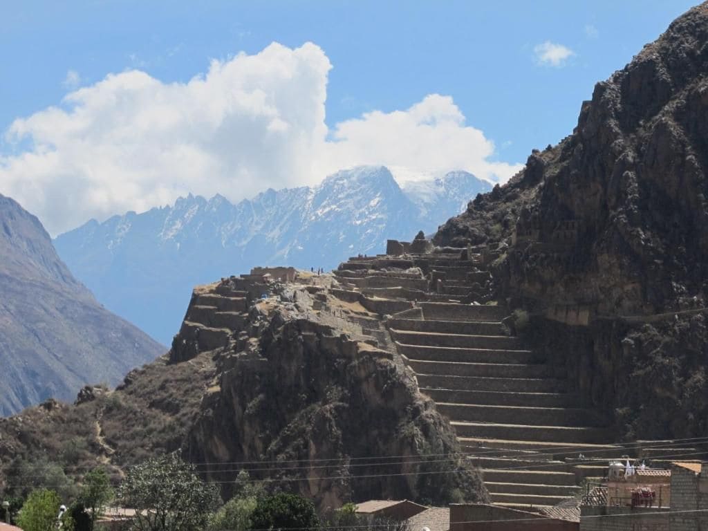 A mountainous landscape with terraced structures.