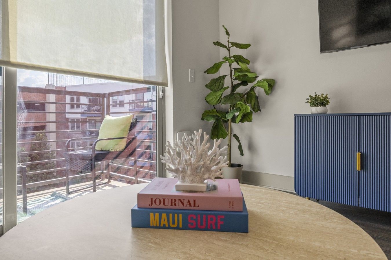 Ein Zimmer mit großem Fenster, einer Pflanze, einem Bücherregal voller Bücher und einem blauen Schrank.