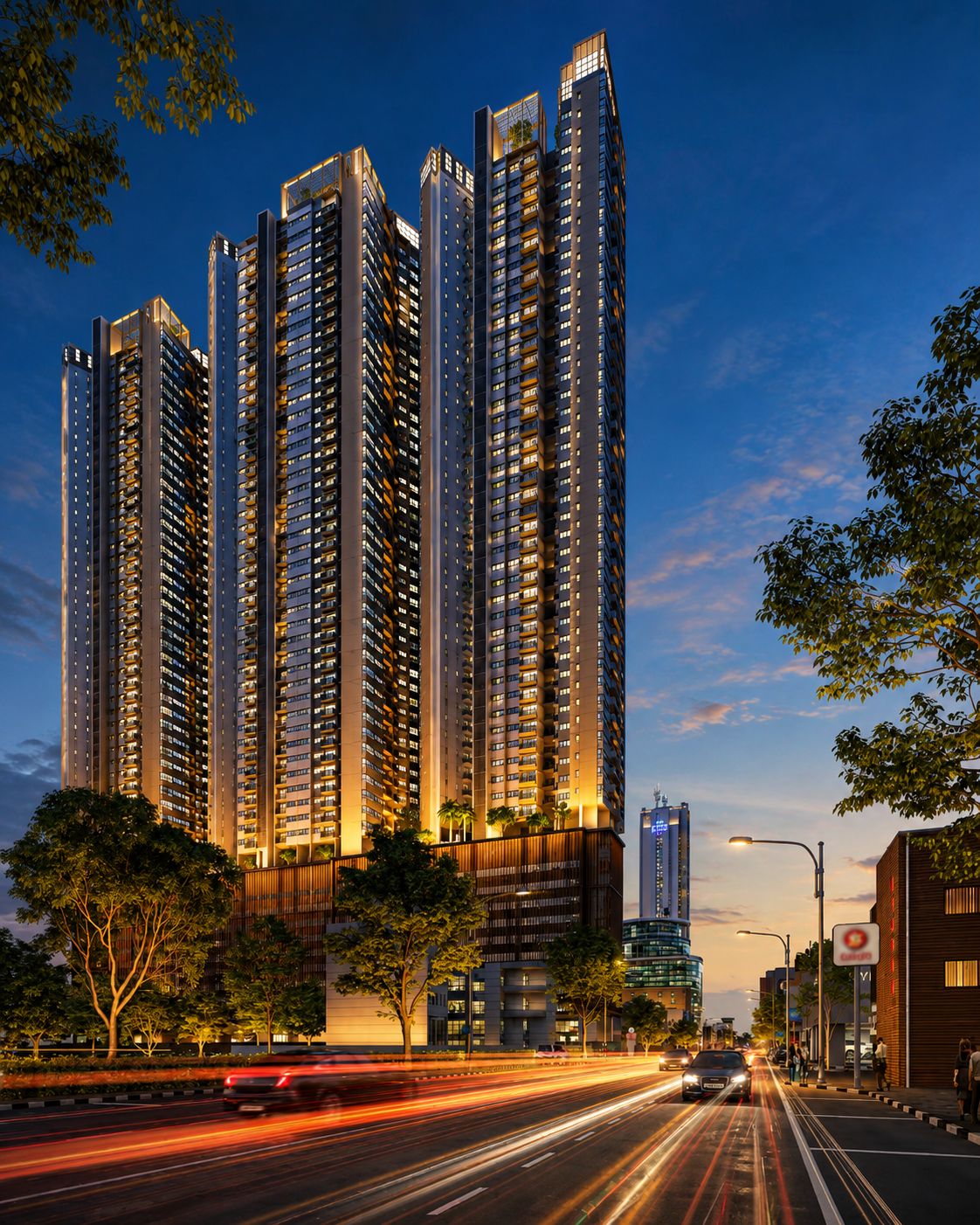 A high-rise residential building with multiple balconies, a modern design, and a view of the street below.