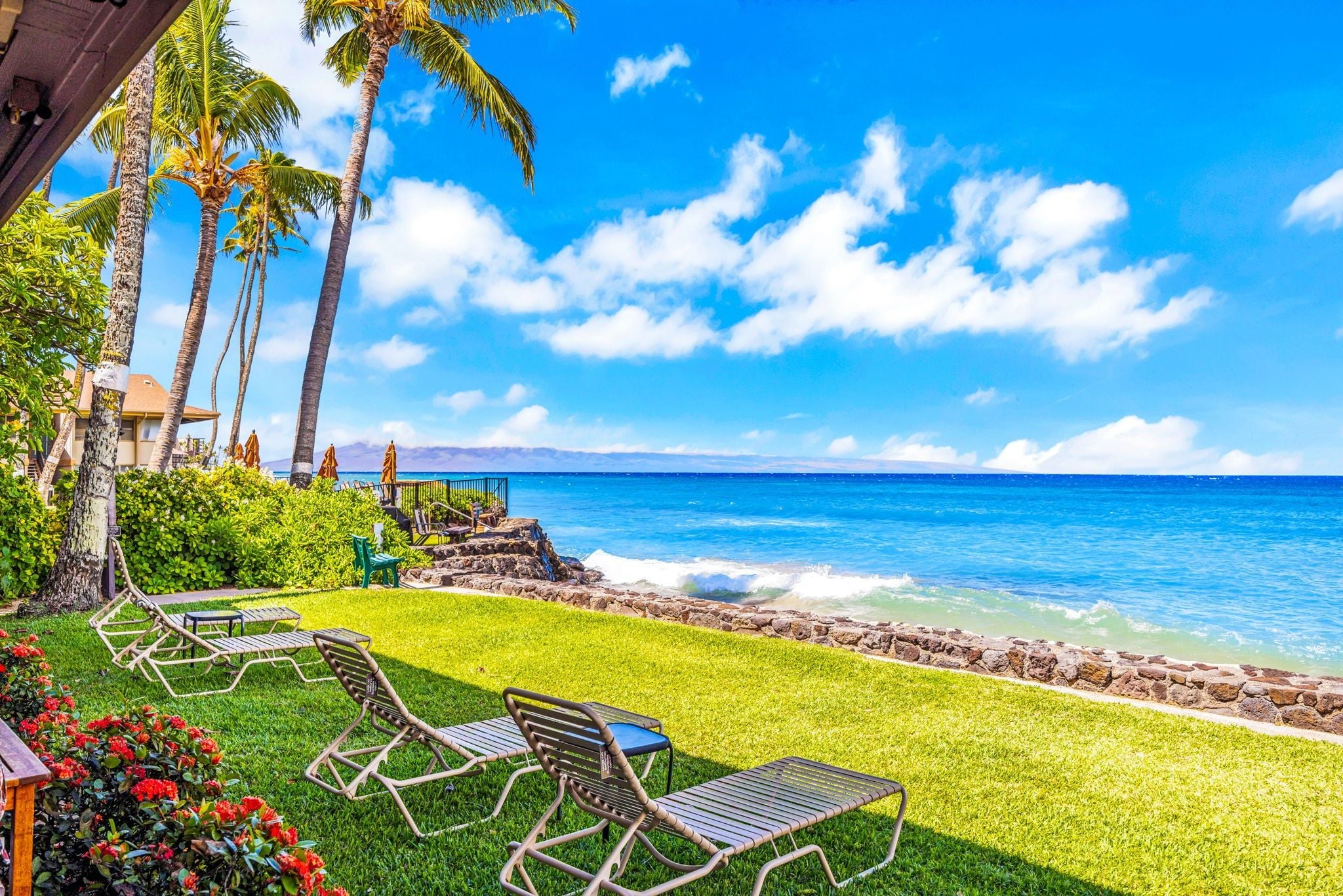 A beachfront property with a lawn, lounge chairs, and a view of the ocean.