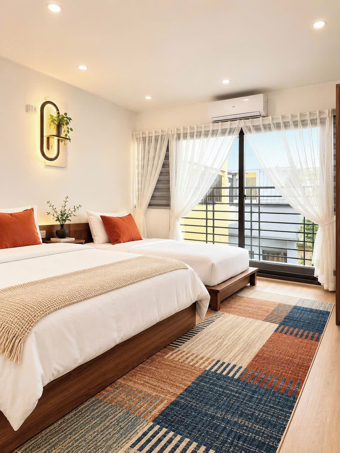 A modern bedroom with two beds, a large window with sheer curtains, an air conditioning unit, and a decorative wall light.