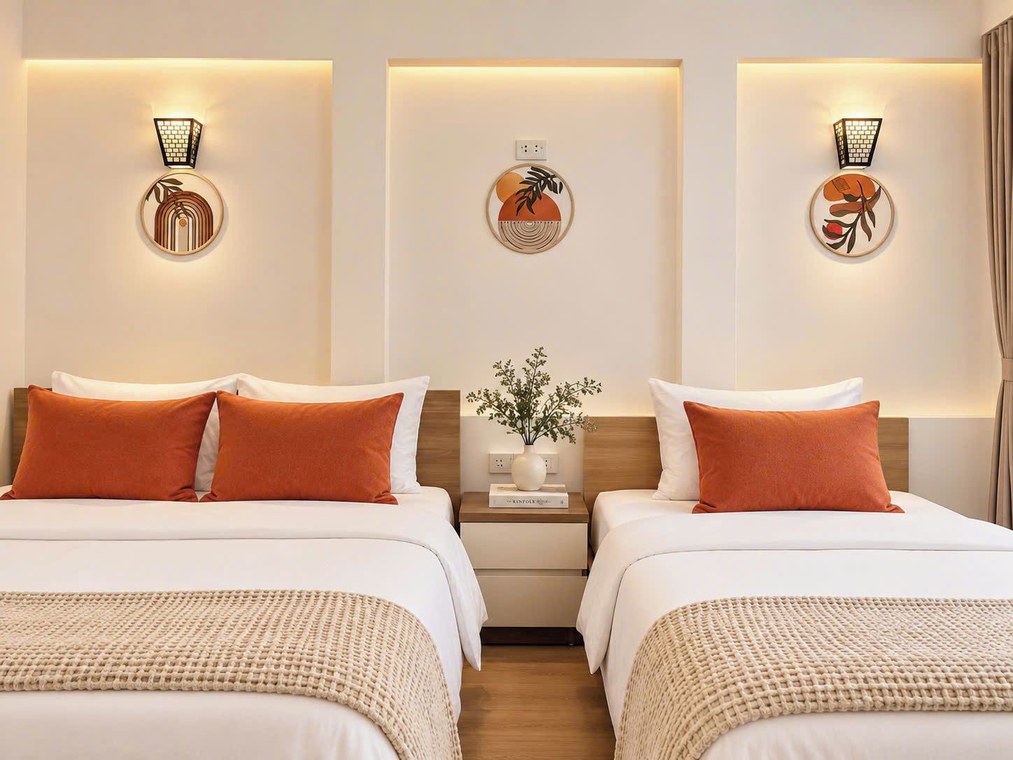 A hotel room with two beds, each with white bedding and orange pillows, and a nightstand with a vase of flowers.