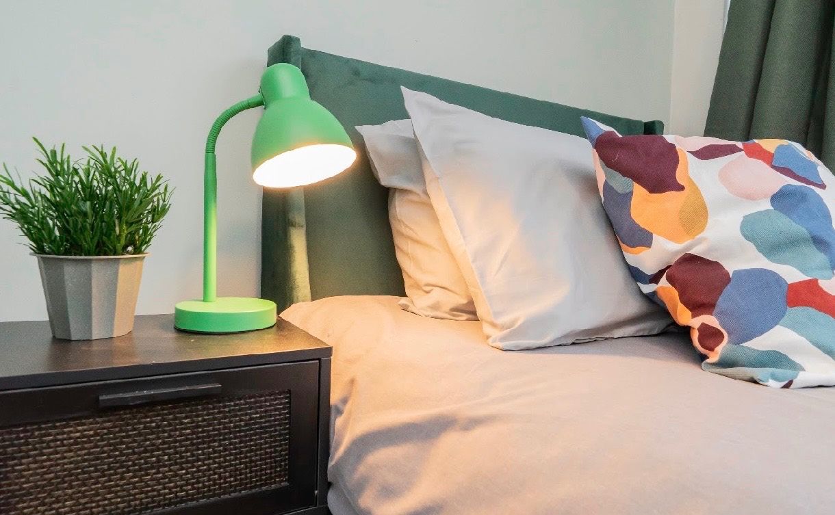 A neatly made bed with a green lamp on a bedside table, a potted plant, and a colorful pillow.