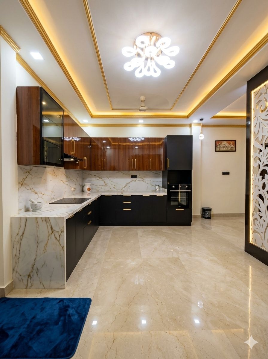 A modern kitchen with marble countertops, black cabinets, and a central island.