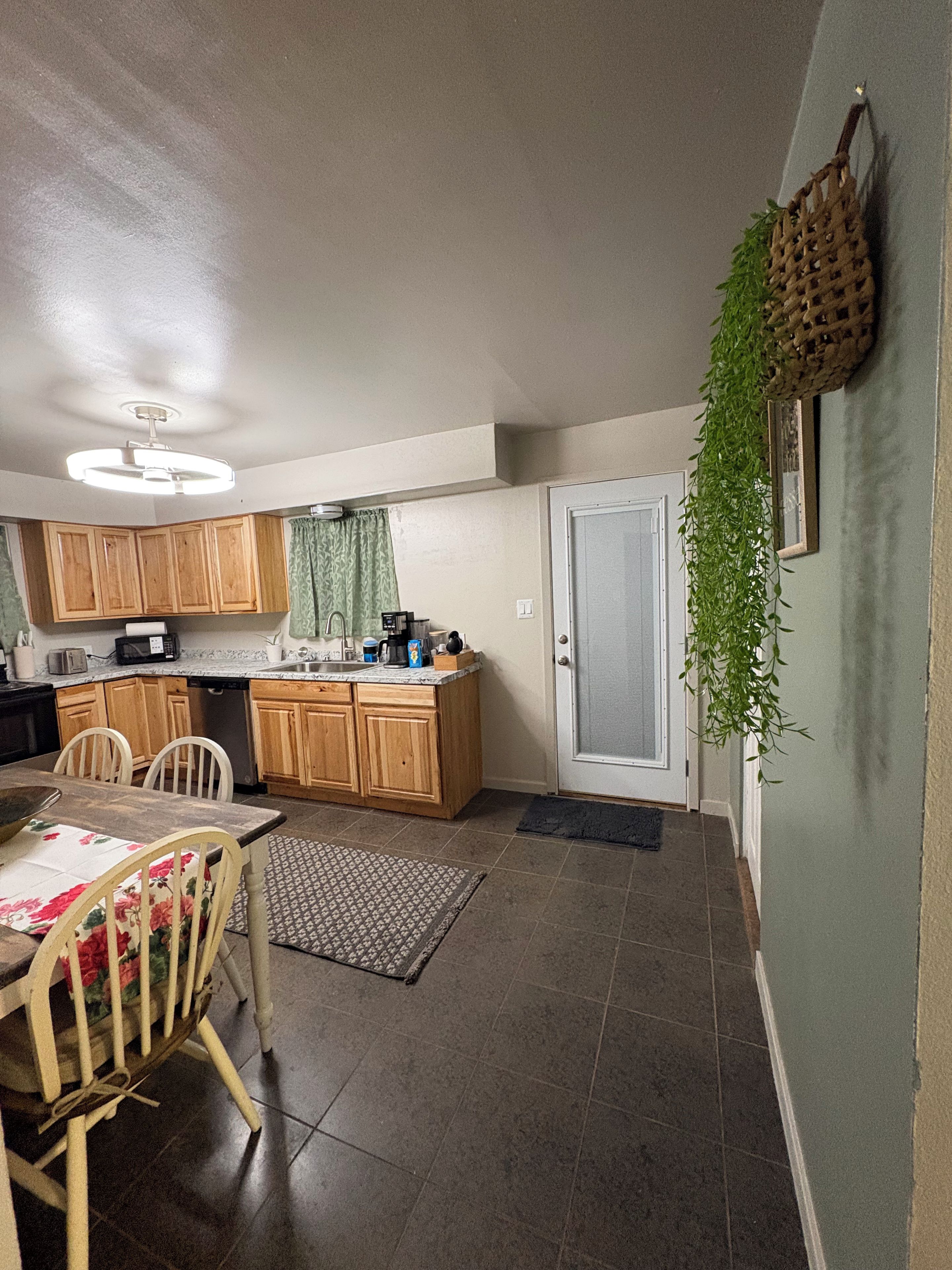 Une cuisine compacte avec des meubles en bois, une table à manger avec des chaises, une plante suspendue et une porte avec un store.