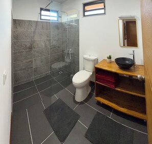 A bathroom with a shower, toilet, sink, and a small plant on the counter.