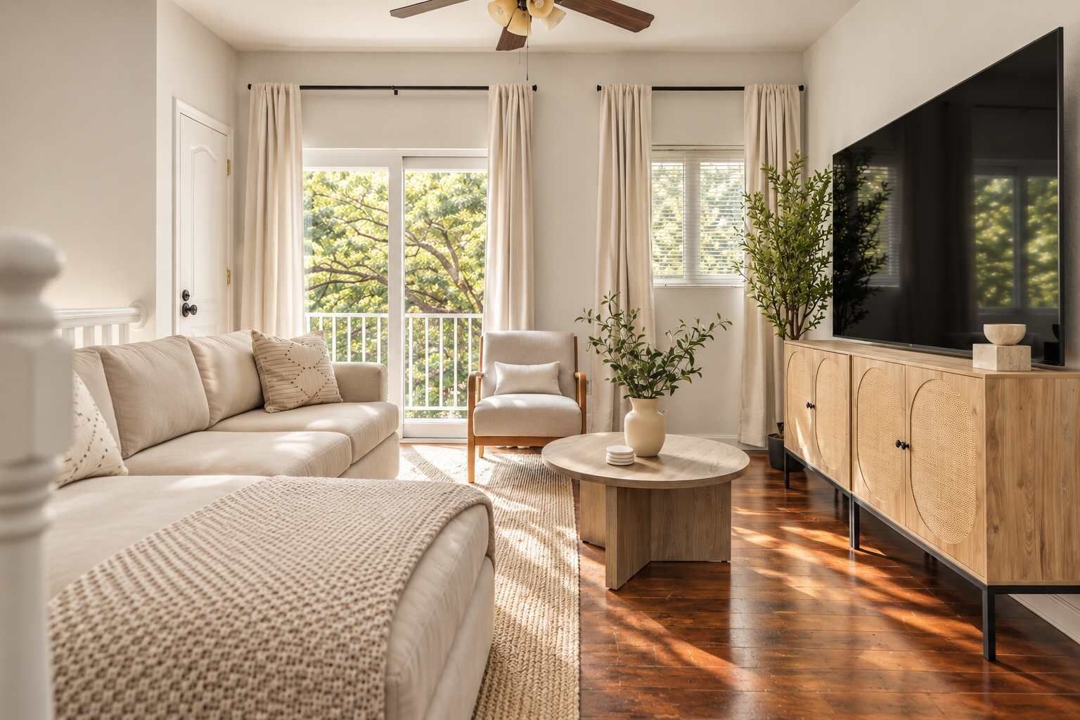 Ein modernes Wohnzimmer mit einer Couch, einem Sessel, einem Couchtisch und einem Fernseher auf einer Holzkommode.