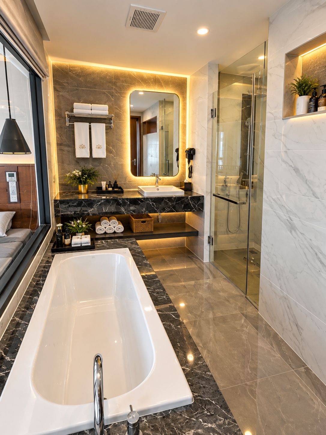 A modern bathroom with a large bathtub, a glass-enclosed shower, and marble flooring.