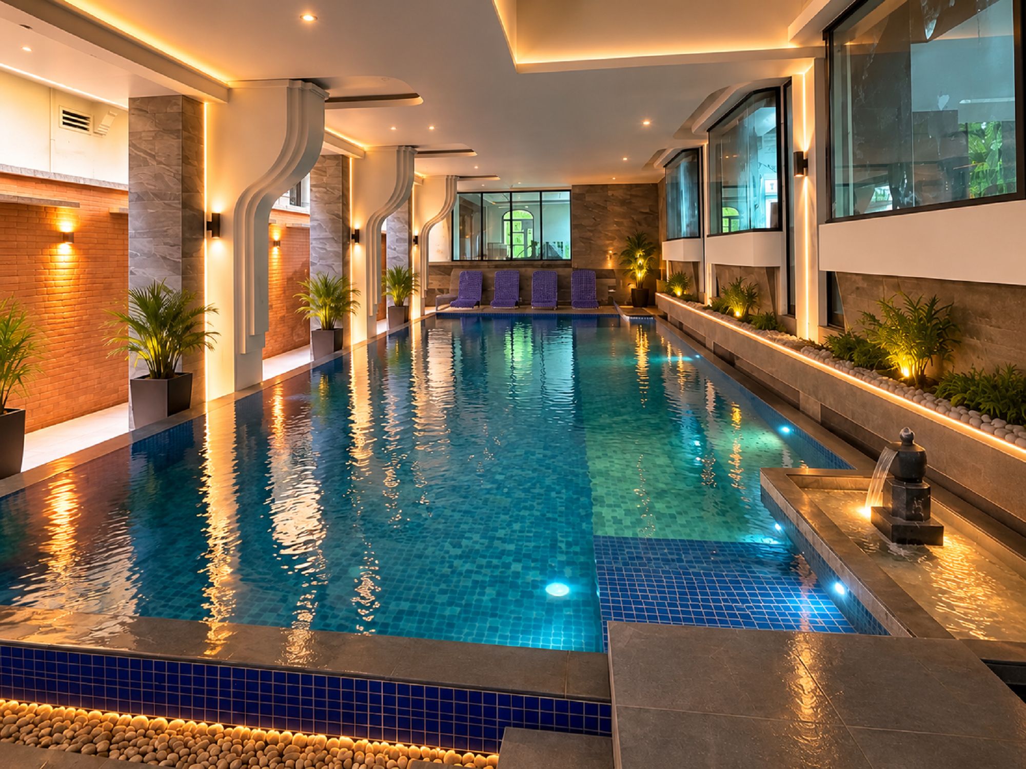 An indoor swimming pool with clear water, surrounded by walls with built-in lighting and potted plants.