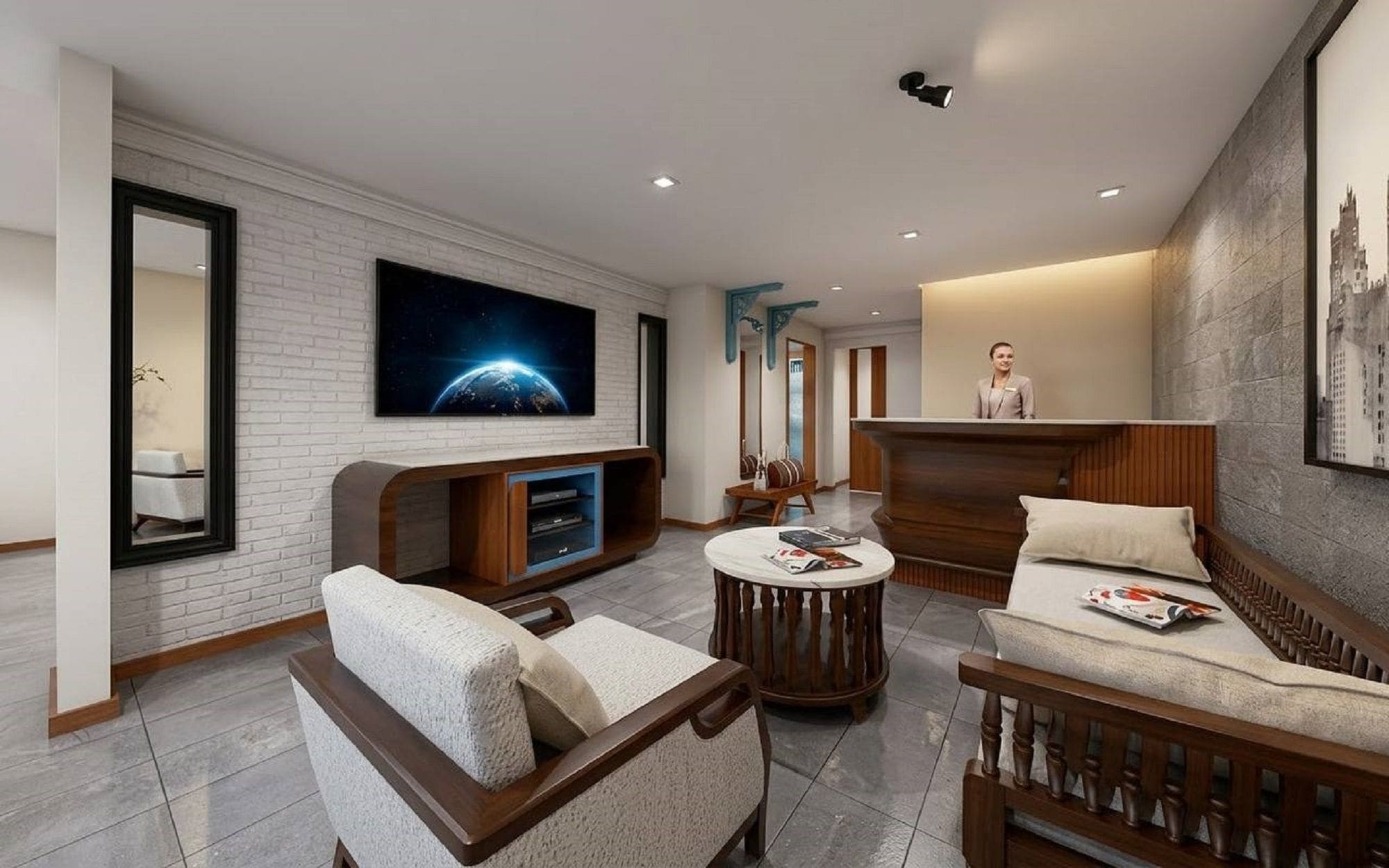 Un hall d’hôtel moderne doté d’un comptoir d’accueil, d’un espace salon et d’un grand téléviseur à écran plat fixé au mur.
