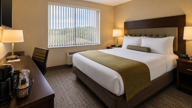 A hotel room with a bed, a desk, a chair, a TV, and a window with blinds. - Downtown Living Apartments (Toronto)