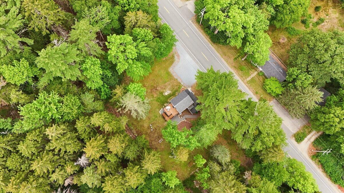 An aerial view of a residential area with a road, a small house, and dense greenery.