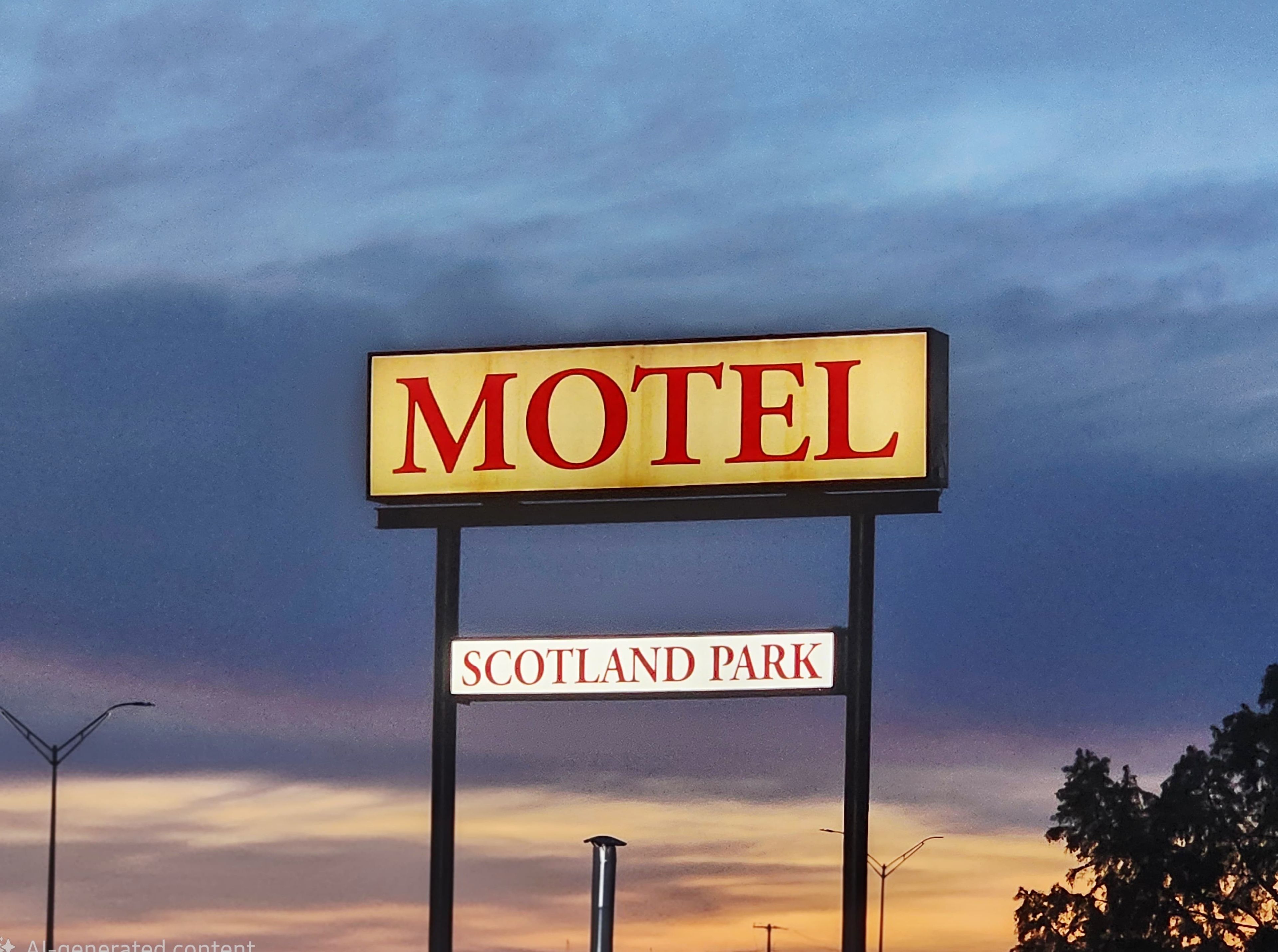 Un cartell de motel amb la inscripció 'MOTEL' i 'SCOTLAND PARK'.
