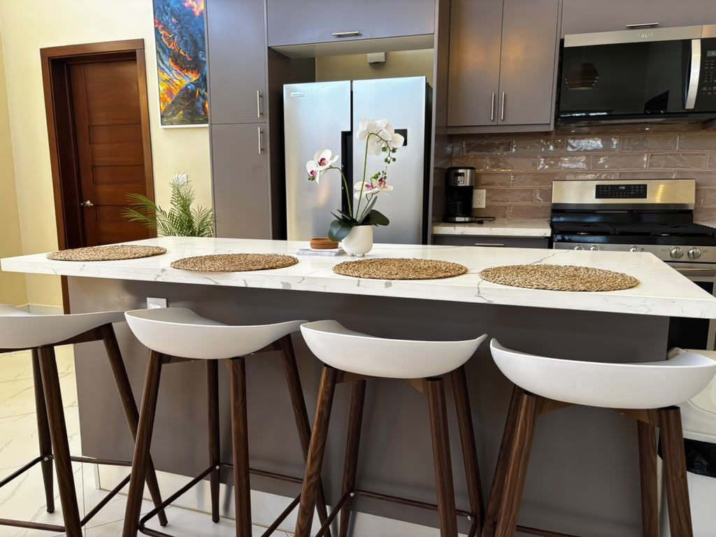 Une cuisine moderne dotée d’un îlot central, de tabourets de bar, d’appareils électroménagers en acier inoxydable et d’une plante décorative, une orchidée.
