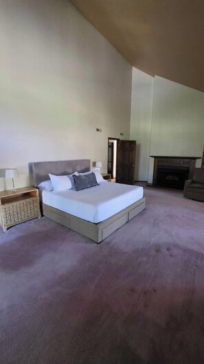 A bedroom with a large bed, a fireplace, and a nightstand.