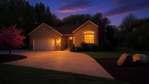 Une maison d’habitation avec un garage, une allée et une pelouse bien entretenue.