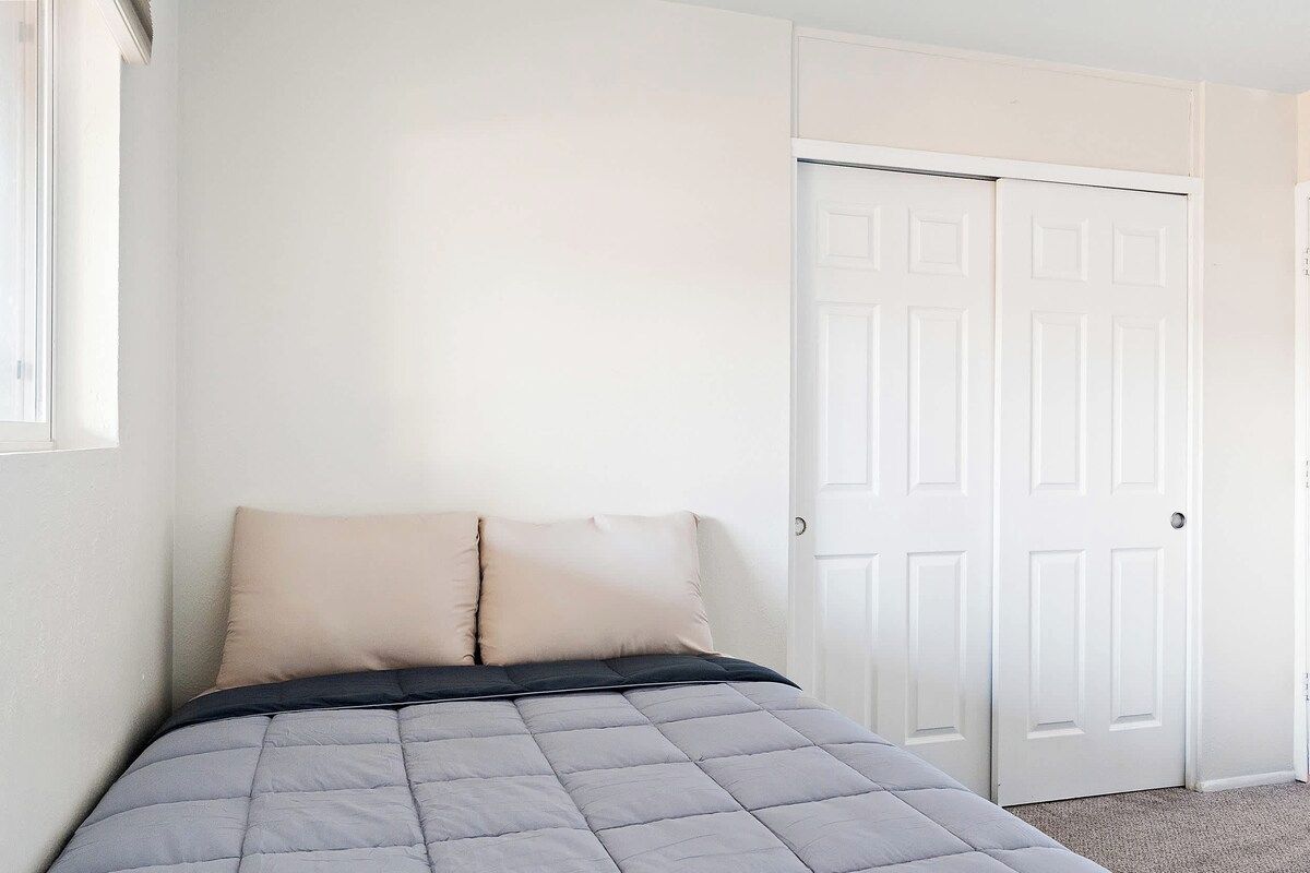 A bedroom with a bed, two pillows, a white door, and a window.